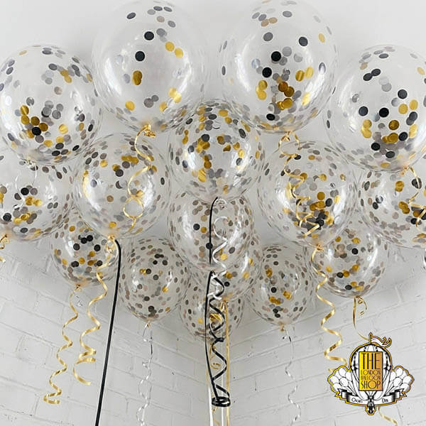 Glitz & Glam ceiling confetti set delivered inflated, helium filled.