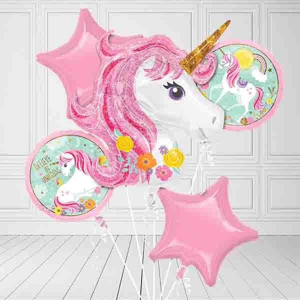 Pink unicorn shaped balloon with 2 pink heart balloons and 2 unicorn themed round balloons.